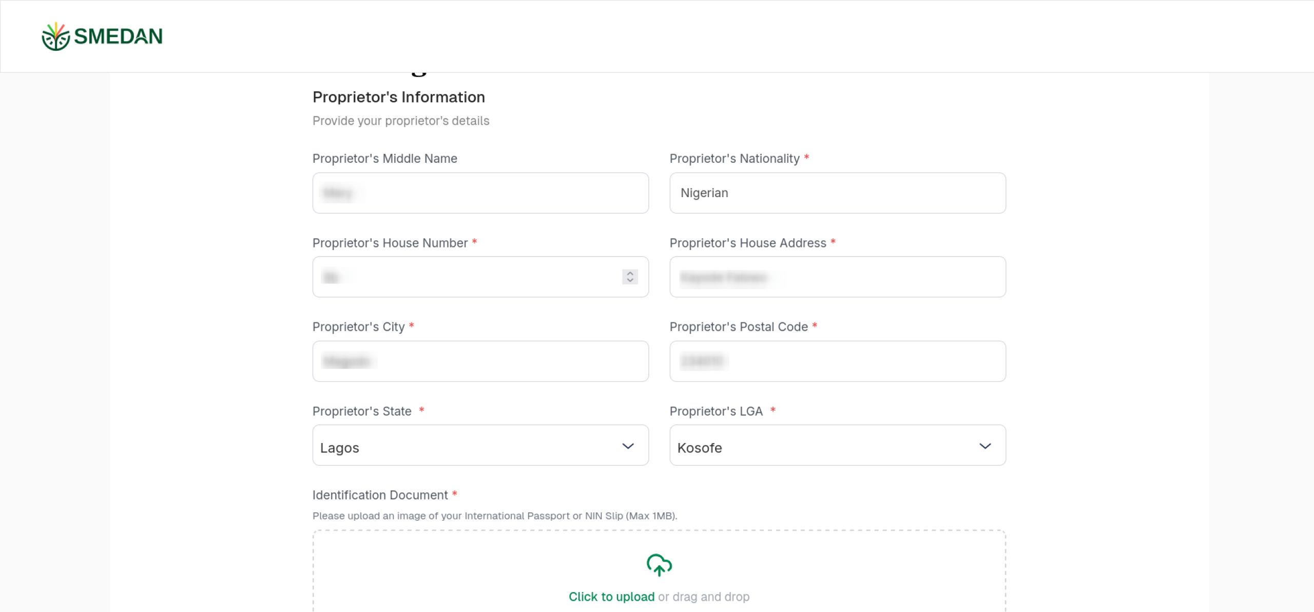 Proprietor details and NIN form